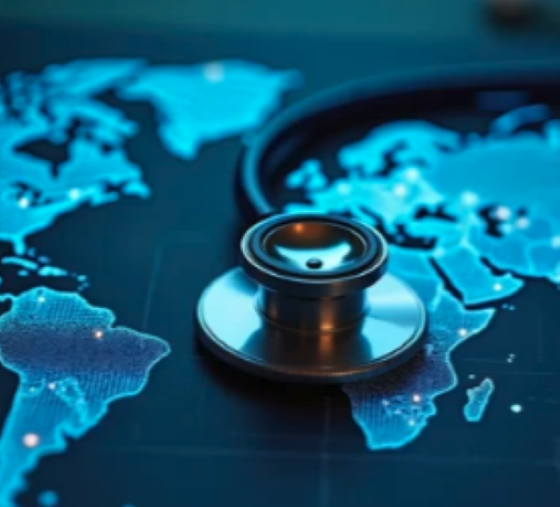A stethoscope resting on a blue-toned world map